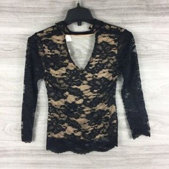 BLVD Lace V Neck Long Sleeve black blouse size S - Picture 2 of 5